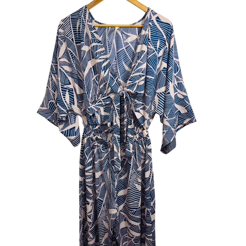 Anthropologie Tyche Hawaiian AOP Pink Blue Front Tie Stretch Jumpsuit Sz M